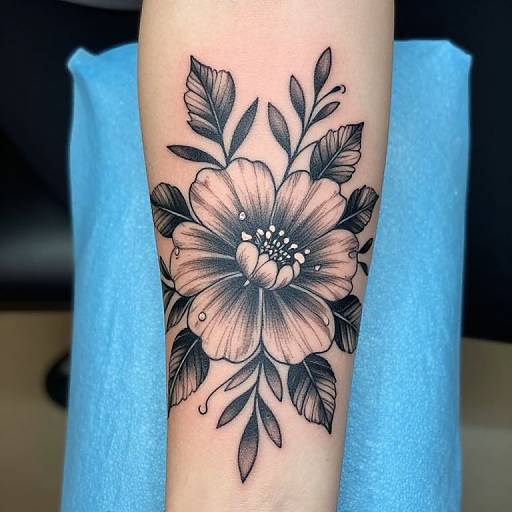 Black and gray floral tattoo on forearm, featuring a large flower with detailed petals and leaves, set against a blue towel background. Photographic image.