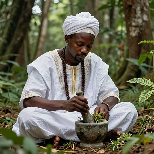 Photograph of a dark-skinned man in white traditional attire, white turban, and beaded necklace, grinding herbs with a mortar and pestle