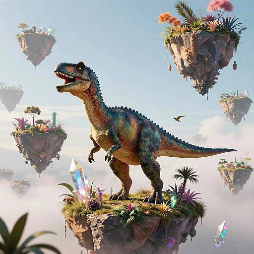 CGI image of a colorful, detailed T-Rex standing on a floating island with lush vegetation, surrounded by other floating islands against a bright, clear