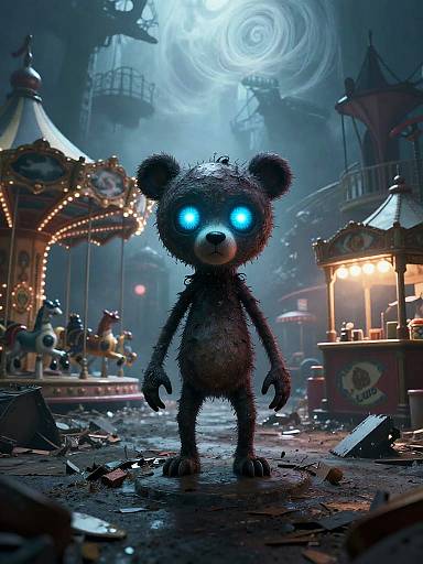 CGI image of a glowing-blue-eyed, dark, furry teddy bear standing in a foggy, ruined carnival at night, with a swirling blue