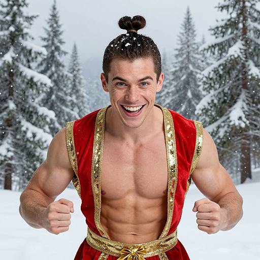 Festive Athletic Male in Snowy Forest