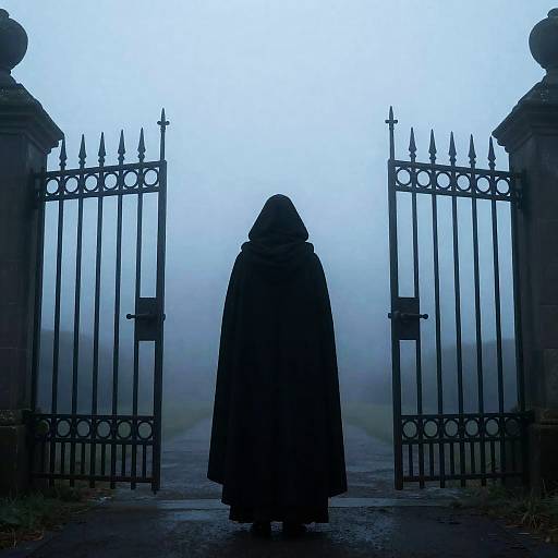 Mysterious Cloaked Figure in Fog