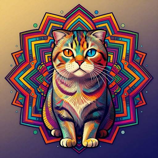 Vibrant digital illustration of a cat with one blue and one orange eye, surrounded by colorful, geometric, starburst patterns.
