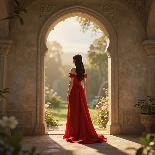 Photograph of a woman in a red off-shoulder gown standing in a sunlit, ornate archway, with a lush garden outside.