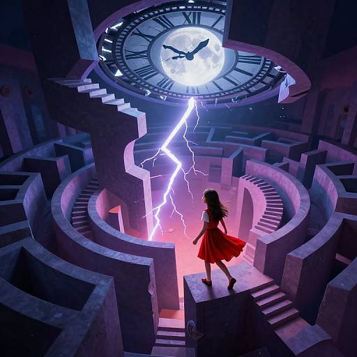 Digital anime-style artwork of a girl in a red dress standing on a staircase, facing a large clock with a bright, lightning-filled moon, surrounded by