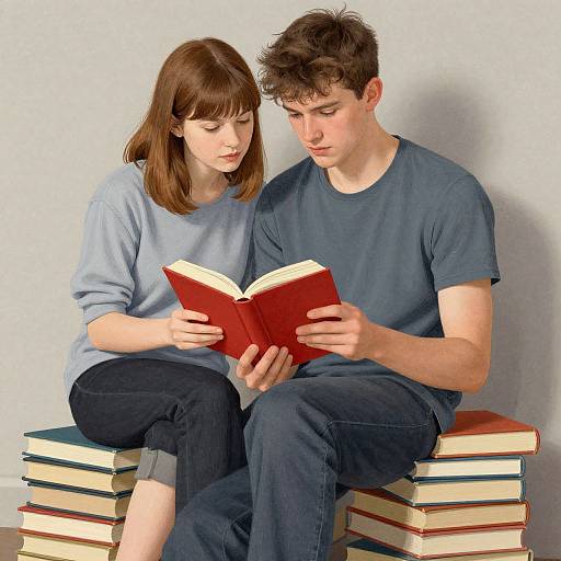 Photograph of a young couple, with brown hair and fair skin, sitting on stacked books, reading a red book together.