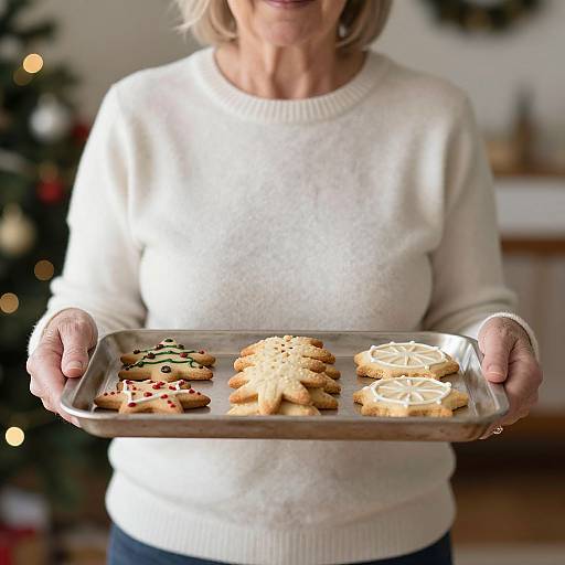 Elderly woman in white sweater holding a tray of Christmas cookies, with a blurred decorated Christmas tree in the background.