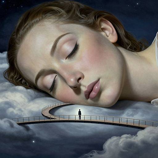 Dreamy digital artwork of a serene, fair-skinned woman with closed eyes, lying on clouds, with a silhouetted figure on a curved