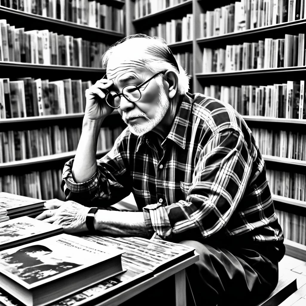 Nostalgic Old Man in Library Artwork