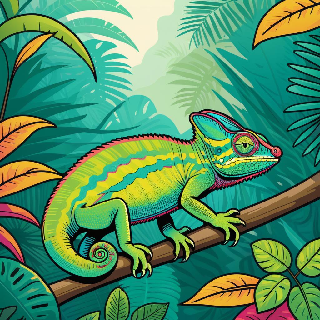 Exotic Chameleon in Rainforest Illustration