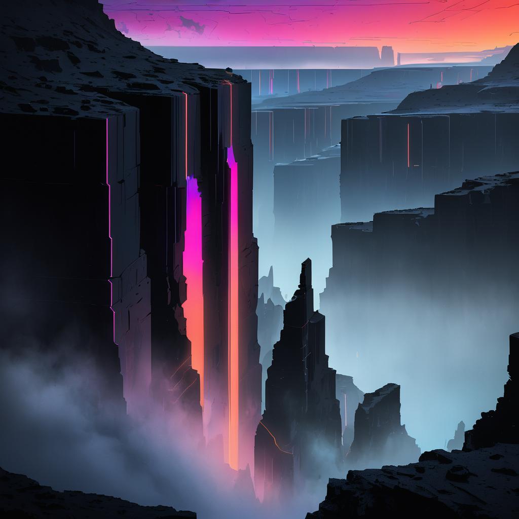 Neon Twilight Basalt Cliffs in Fog