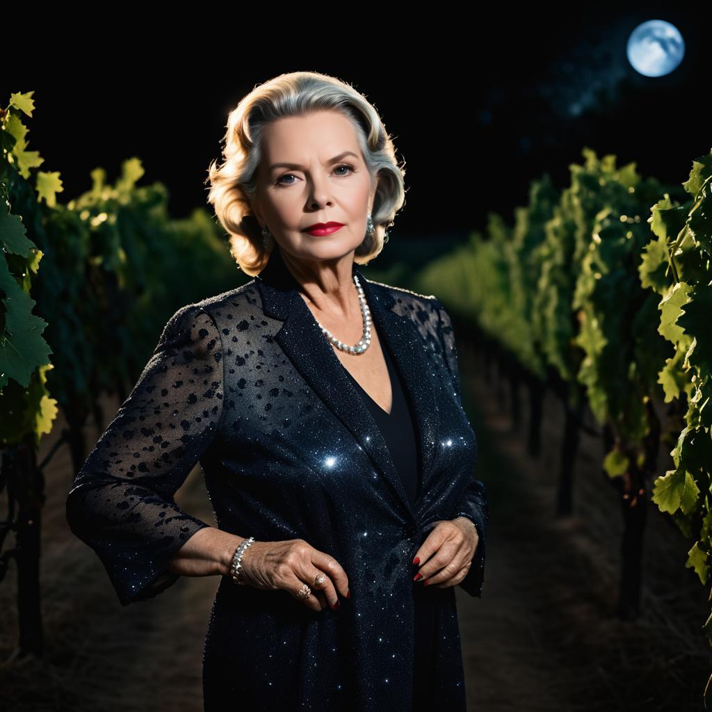 Elegant Woman in Vineyard at Night