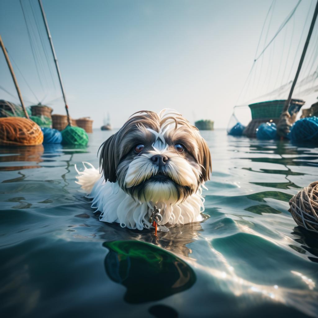 Shih Tzu Swimming in a Harbor Scene