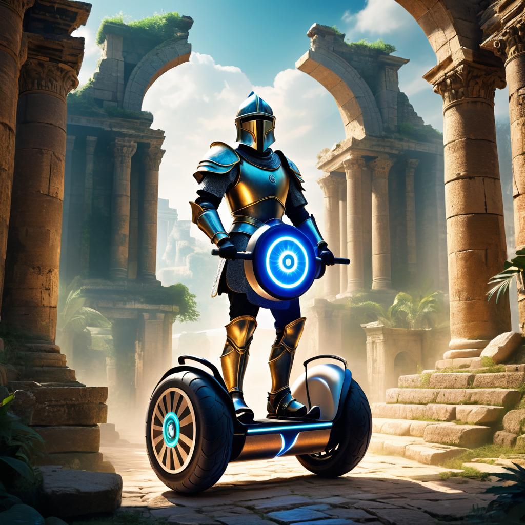 Knight Riding a Magical Segway in Ruins