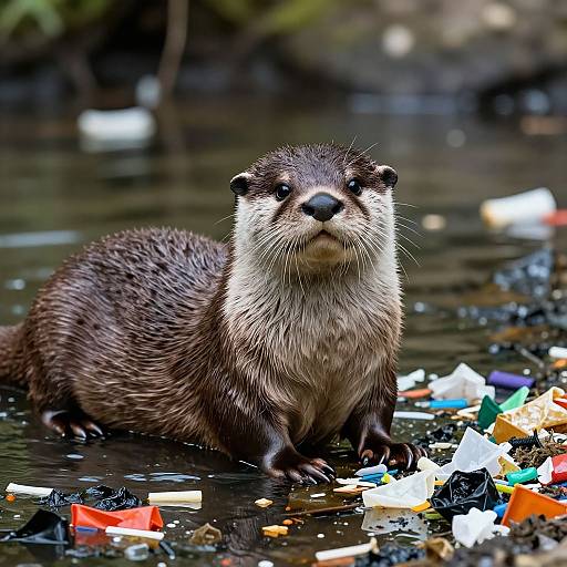 Photograph of a wet, dark brown otter standing in a polluted river, surrounded by colorful plastic trash and debris.