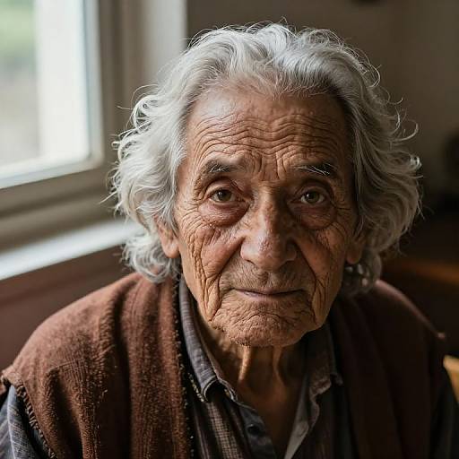 Photograph of an elderly woman with wrinkled skin, white curly hair, brown vest, and plaid shirt, looking directly at the camera by a