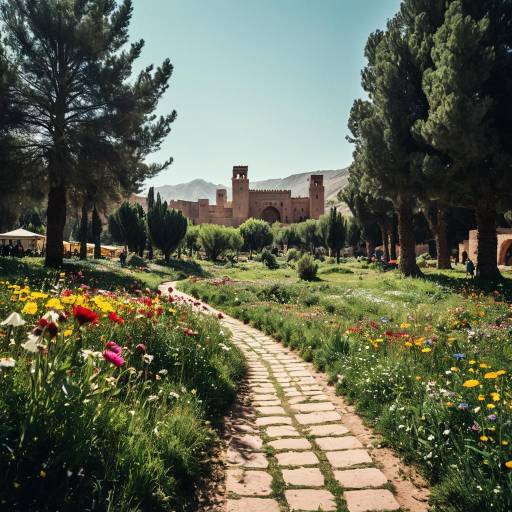 Path Leading to North African Kasbah Through Flower Meadow