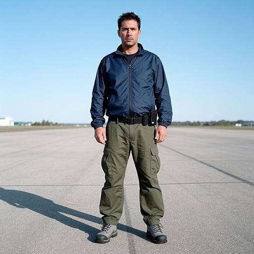 Photograph of a serious-looking, middle-aged man with short dark hair, wearing a navy jacket, green cargo pants, and black shoes, standing on