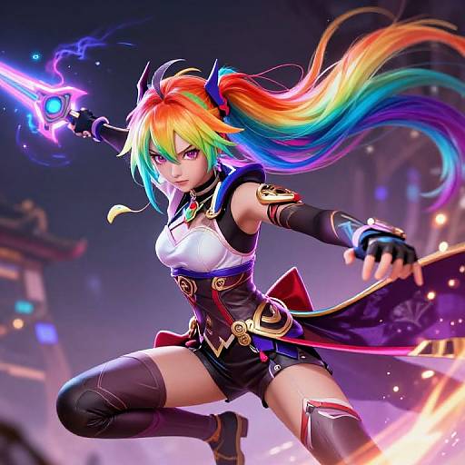 Rainbow Hair Anime Girl Battle Scene