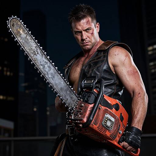 Muscular man with short dark hair, wearing black leather vest and gloves, holding a red chainsaw, against a dark cityscape background. Intense