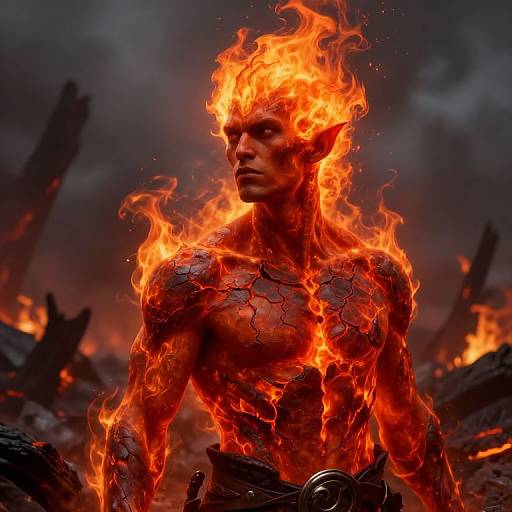 Mature Fire Genasi Over Charred Battlefield