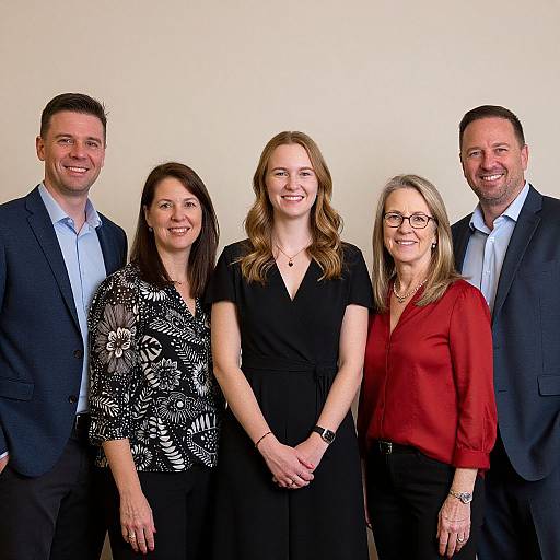 Photograph of five smiling adults: two men in suits, two women in black and red blouses, one woman in floral blouse, standing against a