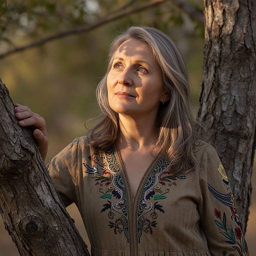 Photograph of a middle-aged woman with gray hair, wearing a brown embroidered blouse, standing between two trees in a sunlit forest.