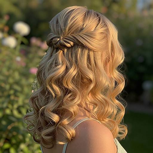 Photograph of a blonde woman with wavy, curled hair in a half-up, half-down style, wearing a white top, against a blurred garden