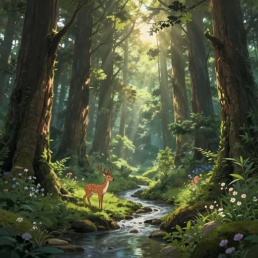 Digital artwork of a sunlit forest with a deer standing by a flowing stream, surrounded by lush greenery and flowers. Tall redwood trees frame the
