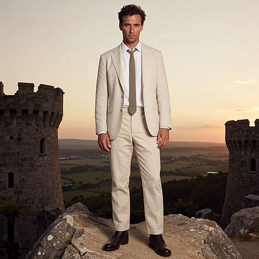 Photograph of a handsome man in a white suit, black tie, and brown shoes standing on a rocky castle battlement at sunset.