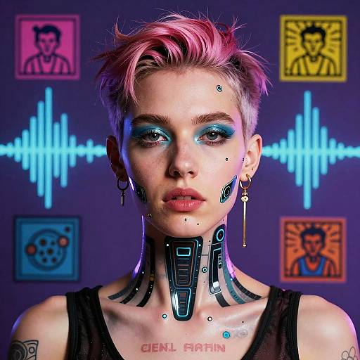 Photograph-style digital artwork of a punk-styled woman with pink hair, cyberpunk makeup, and futuristic neck accessories, set against a neon-lit