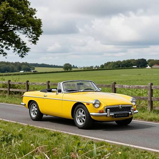 Photograph of a bright yellow vintage convertible car driving on a rural road, with green fields and a wooden fence in the background. Overcast sky above