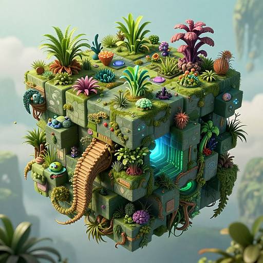 Whimsical, floating, green, cube-shaped island covered in colorful, vibrant plants, featuring a spiral staircase, glowing blue light, and fantastical