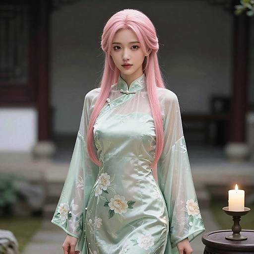 Photorealistic digital art of a young woman with long pink hair, wearing a shiny mint-green floral Chinese dress, standing in a dimly lit garden