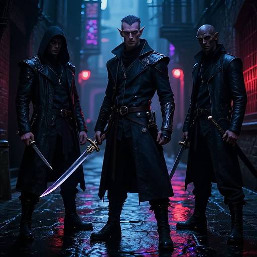 Photograph of three dark-clad, elf-like warriors with pointed ears, holding swords, standing in a neon-lit, rainy alleyway at night