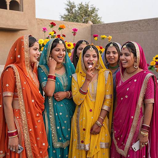 Photograph of six smiling Indian women in colorful traditional sarees (orange, blue, yellow, pink) with gold jewelry, standing outdoors, surrounded by