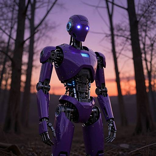 Photograph of a glowing blue-purple robot standing in a dark forest at sunset, with silhouetted trees and a colorful sky.