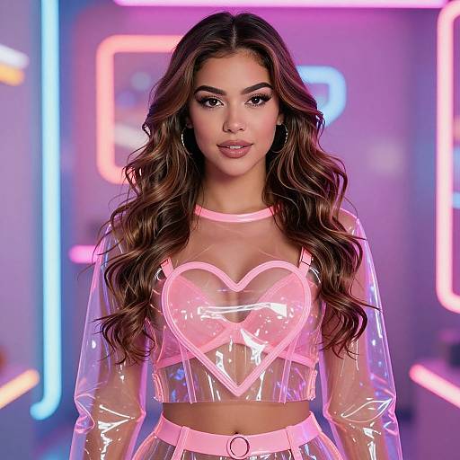 Photograph of a young woman with long, wavy brown hair, wearing a neon pink heart-shaped sheer crop top and matching high-waisted bottoms