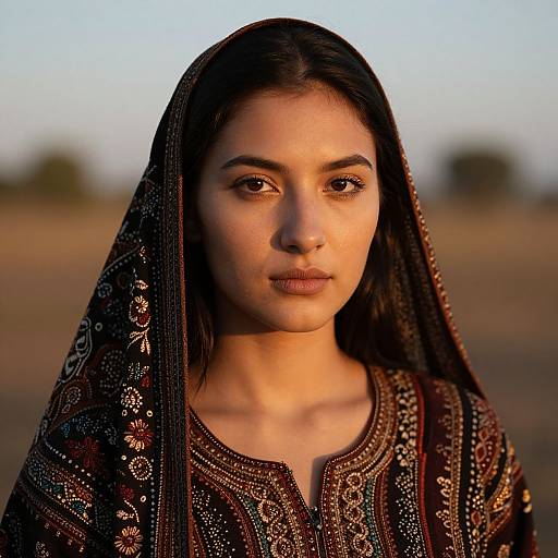 Photograph of a young South Asian woman with medium brown skin, dark eyes, and straight black hair, wearing an ornately patterned brown and gold