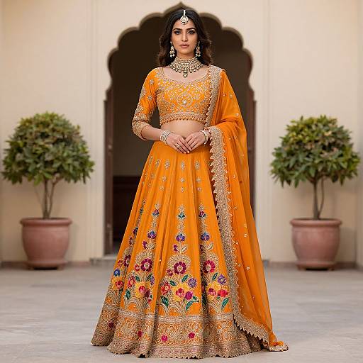 Elegant Woman in Ornate Orange Attire