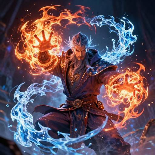Digital artwork of a fierce, bearded man with wild blue hair, wearing dark robes, conjuring vibrant orange and blue flames with both hands. Dark