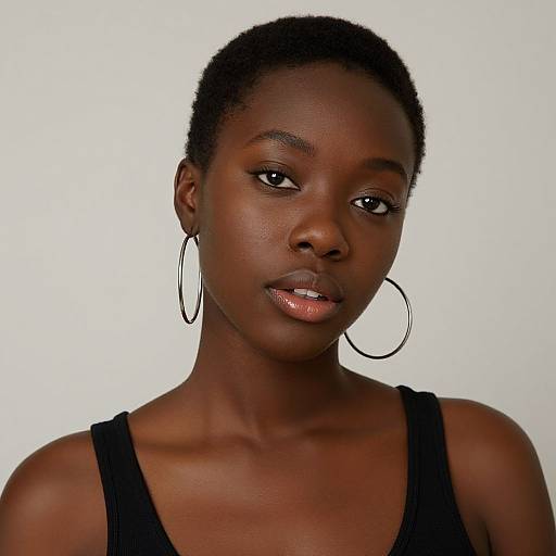 Photograph of a beautiful, dark-skinned woman with short, natural hair, wearing large hoop earrings and a black tank top, against a white background