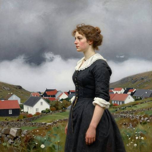 Scandinavian Village Maiden Amid Storm