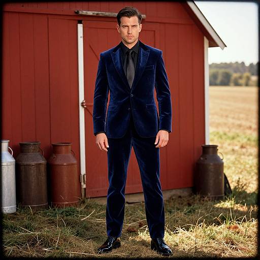 Photograph of a handsome man in a dark blue velvet suit, black shirt, and black shoes, standing in front of a red barn with milk cans
