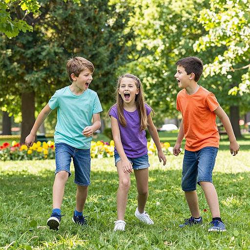 Photograph of three laughing children in a sunny park: boy in blue shirt, girl in purple shirt, boy in orange shirt, all wearing shorts and