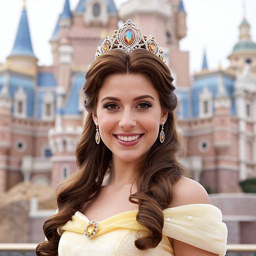 Photograph of a smiling woman with long brown hair, wearing a sparkling tiara, yellow off-shoulder dress, and dangling earrings, standing in