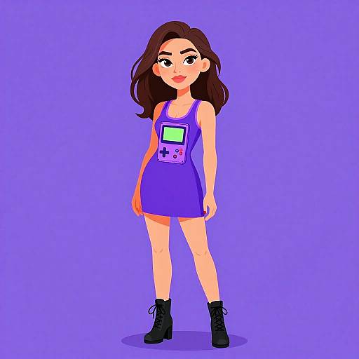 Digital illustration of a young woman with long brown hair, wearing a purple dress with a screen, black boots, and standing against a solid purple background.