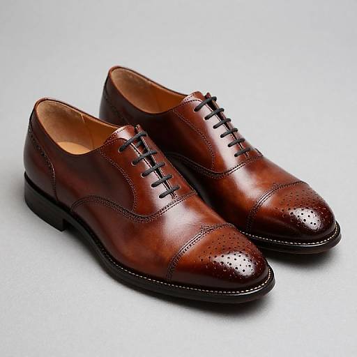 Photograph of polished, dark brown, perforated wingtip dress shoes with black laces, set against a white background. Shoes are positioned side by