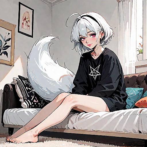 White-Haired Foxgirl Relaxing in Bedroom