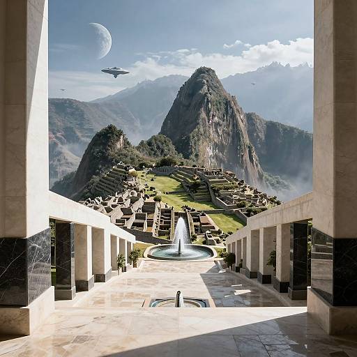 Photorealistic digital art of a sunlit courtyard leading to ancient terraces with a fountain, towering mountains, a visible moon, and a flying sa